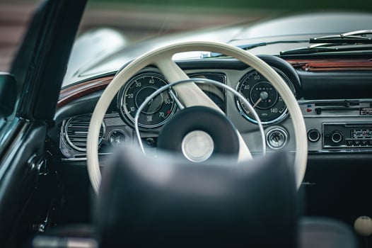 Interior of a luxury, classic car on a motor show. photo