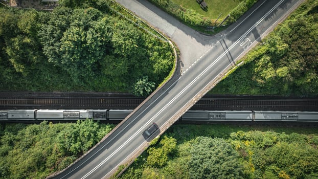 Aerial view of road and rail track in East Sussex, close to Brighton, UK photo