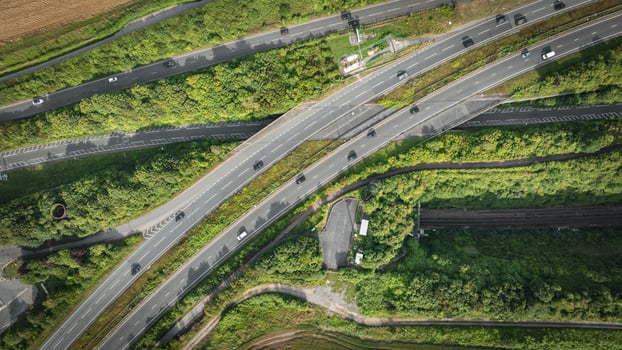 Aerial view of road and rail track in East Sussex, close to Brighton, UK photo