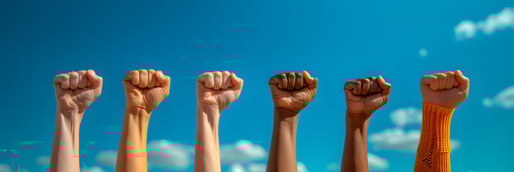 A group of people raising their fists in the air together photo