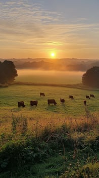 Cows grazing peacefully on lush green hills at sunset near a tranquil river photo