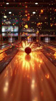Bright sparks and glowing reflections on a bowling alley lane during an evening game event photo