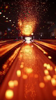 Bright sparks and glowing reflections on a bowling alley lane during an evening game event photo