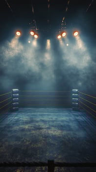 Illuminated boxing ring ready for a match with vibrant lights and a dramatic atmosphere photo