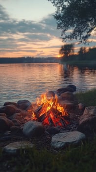A serene sunset by the lake with a glowing campfire surrounded by trees and rocks photo