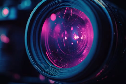 Close up view of a camera lens showcasing vibrant purple reflections and intricate details photo