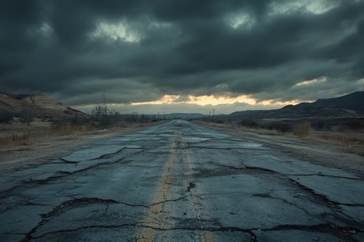 A narrow road stretches into the distance under a bright full moon and dark storm clouds at night photo