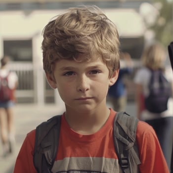 A young boy with a backpack standing in front of a school photo
