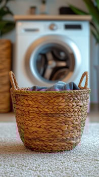 A woven laundry basket positioned near a washing machine in a cozy home environment photo