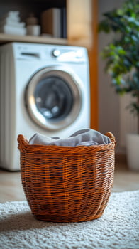 A woven laundry basket positioned near a washing machine in a cozy home environment photo