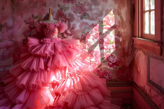 A beautiful pink ruffled dress stands on a mannequin in a charming room with vintage floral wallpaper, illuminated by gentle sunlight filtering through the window photo