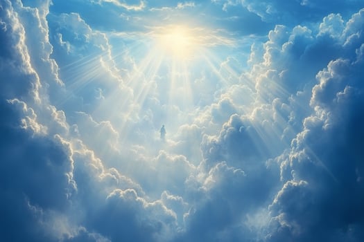 Majestic sunrise over a serene landscape filled with vibrant clouds and soft light photo