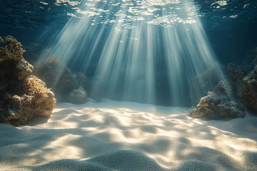 Beneath the ocean waves, sunlight filters through tranquil waters at midday photo