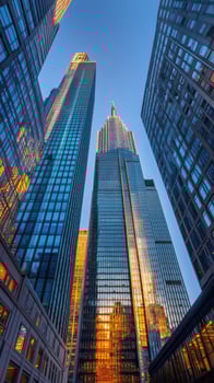 A stunning view of a tall skyscraper surrounded by other buildings on a clear day photo