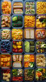 Variety of colorful meal prep containers filled with healthy ingredients on a kitchen countertop photo