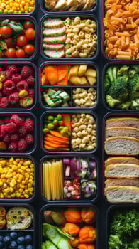 Variety of colorful meal prep containers filled with healthy ingredients on a kitchen countertop photo