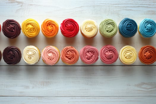 Colorful assorted cupcakes arranged neatly on a wooden background during daylight hours photo