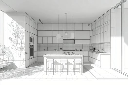Bright and modern kitchen design with minimalist furniture and natural light during the day photo