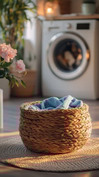 Laundry basket filled with colorful towels beside a washing machine in a cozy laundry room photo