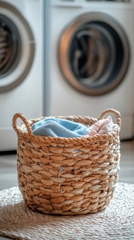 Laundry basket filled with colorful towels beside a washing machine in a cozy laundry room photo