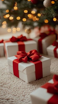 Beautifully wrapped Christmas gifts under a decorated tree with soft glowing lights photo