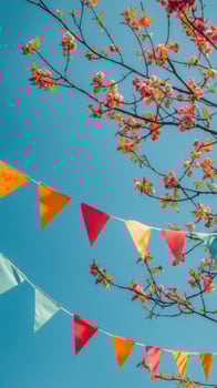 Colorful bunting flags hanging under lush green trees against a vibrant blue sky photo
