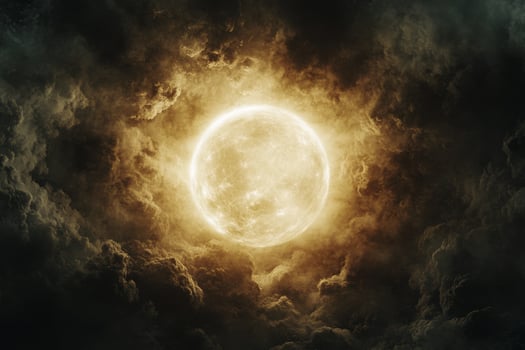 A bright full moon surrounded by dramatic clouds over a dark landscape at night photo