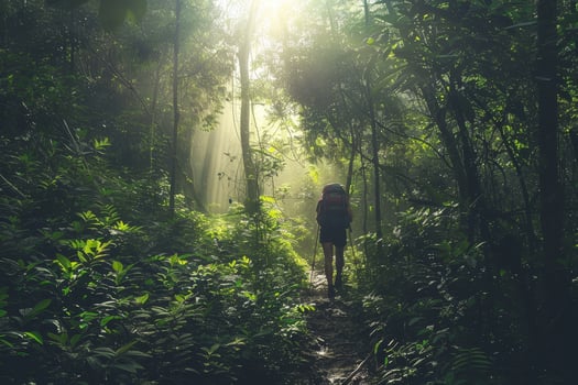 A person is walking through a forest with a backpack photo