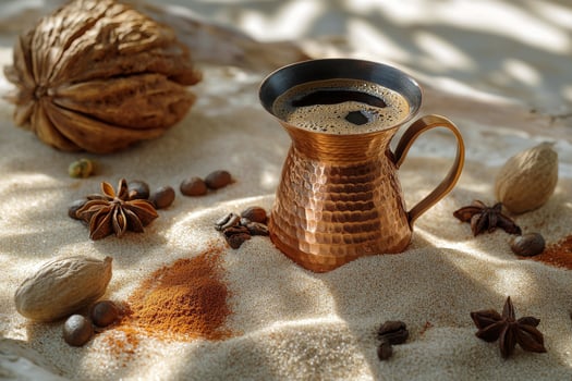 A copper jug with cinnamon and spices arranged on a textured surface in a cozy kitchen setting photo