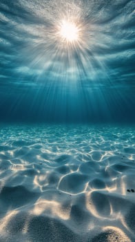 Beautiful underwater landscape showcasing sun rays penetrating clear ocean water at midday photo