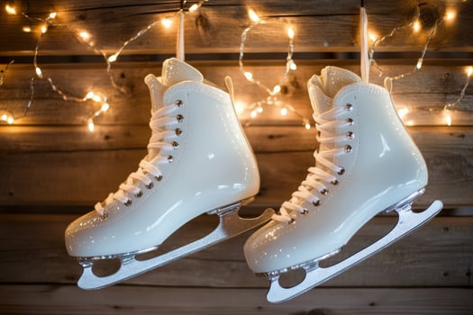Decorative white ice skates hanging with warm fairy lights in a cozy indoor setting photo