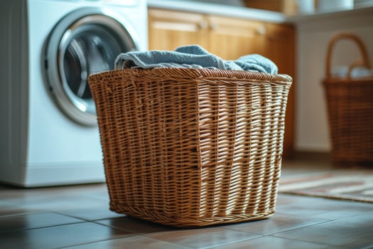 A woven laundry basket filled with clothes in a cozy, modern laundry room during daytime photo