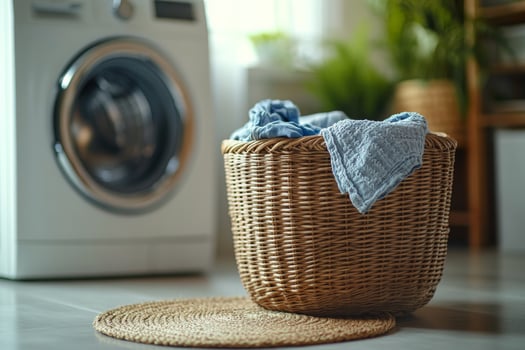 A woven laundry basket filled with clothes in a cozy, modern laundry room during daytime photo