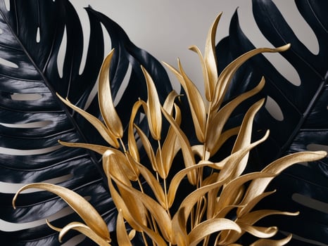 A vase with gold leaves and black leaves photo
