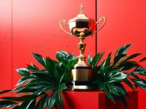 A trophy on a red pedestal with a plant photo