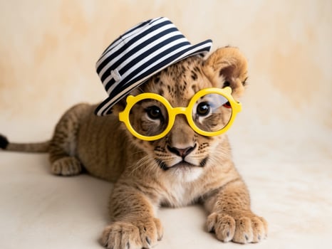 A lion cub wearing a hat and sunglasses photo
