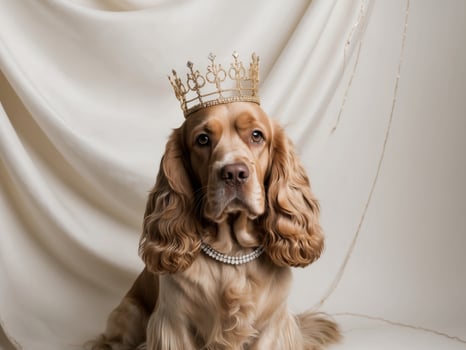 A dog wearing a crown sits on a white background photo