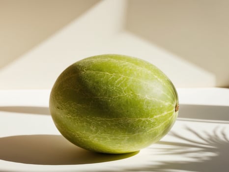 A green watermelon on a white surface photo