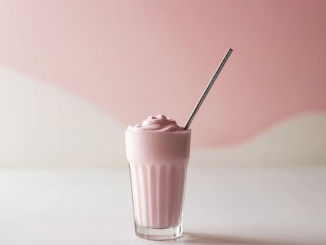 A pink milkshake with a straw sitting on a table photo