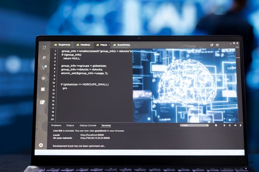 Technician analyzing complex AI brain models on laptop. Extreme close up shot of IT expert using machine learning on notebook device to develop artificial intelligence technology photo