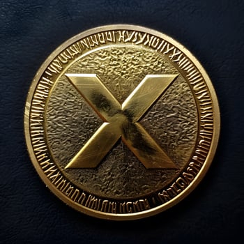 Brown Amber badge with gold circle artifact, featuring x symbol on metal coin photo