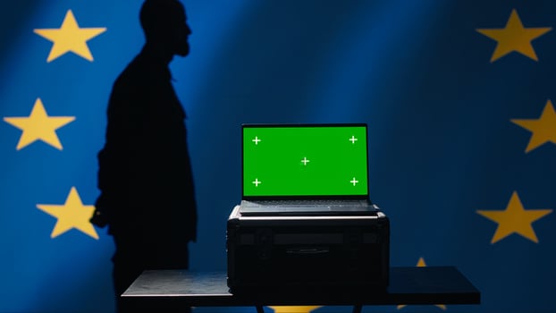 European Union using radar system on green screen laptop to detect missiles attacking member states. EU alliance army soldier scanning rockets approaching countries using mockup notebook, camera A photo