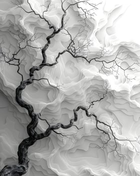 Artistic black and white photo of leafless tree branch against white background