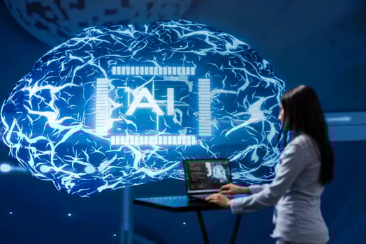 Computer scientist in startup doing advancements in AI field. Woman working on laptop in cutting edge workspace featuring artificial intelligence and neural network systems photo