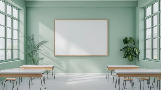Empty classroom with green walls and wooden desks photo