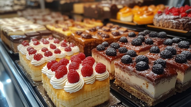 Delicious cakes with berries being displayed in pastry shop photo