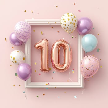 Pink and gold birthday celebration frame with number balloons and colorful confetti on pastel background. photo