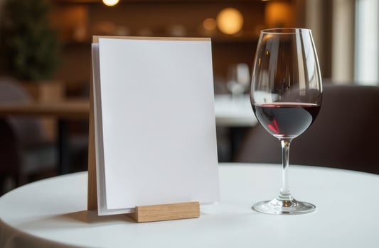 restaurant table, a blank menu holder and a glass of red wine. restaurant menu photo