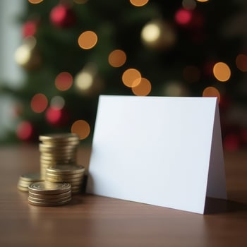 Festive holiday greeting card with stacks of gold coins and christmas tree lights photo
