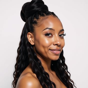 A black African American woman with defined facial features curly long braids and a stylish bun is portrayed in a 34 side view against a stark white background photo